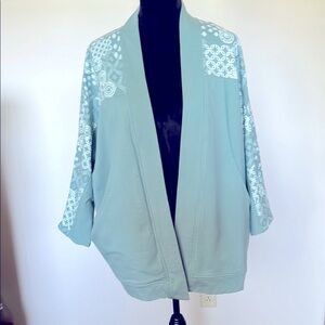 Garnet Hill Green Kimono Cardigan with White Patterns Size s Like New.